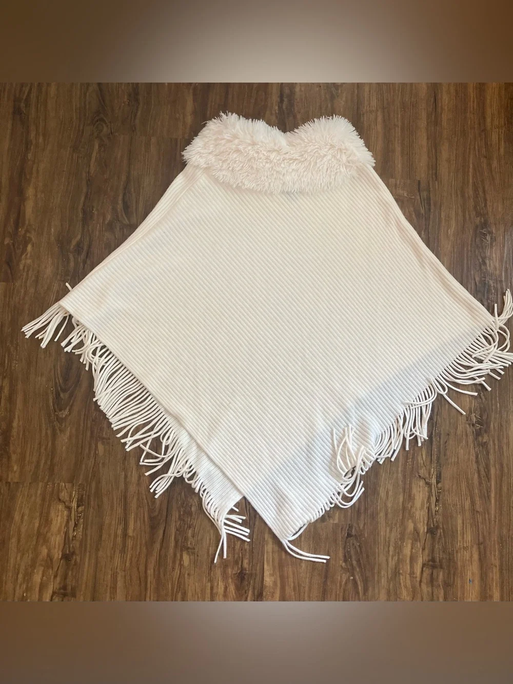 Cozy Cream Fringe Poncho with Faux Fur Collar Women’s One Size